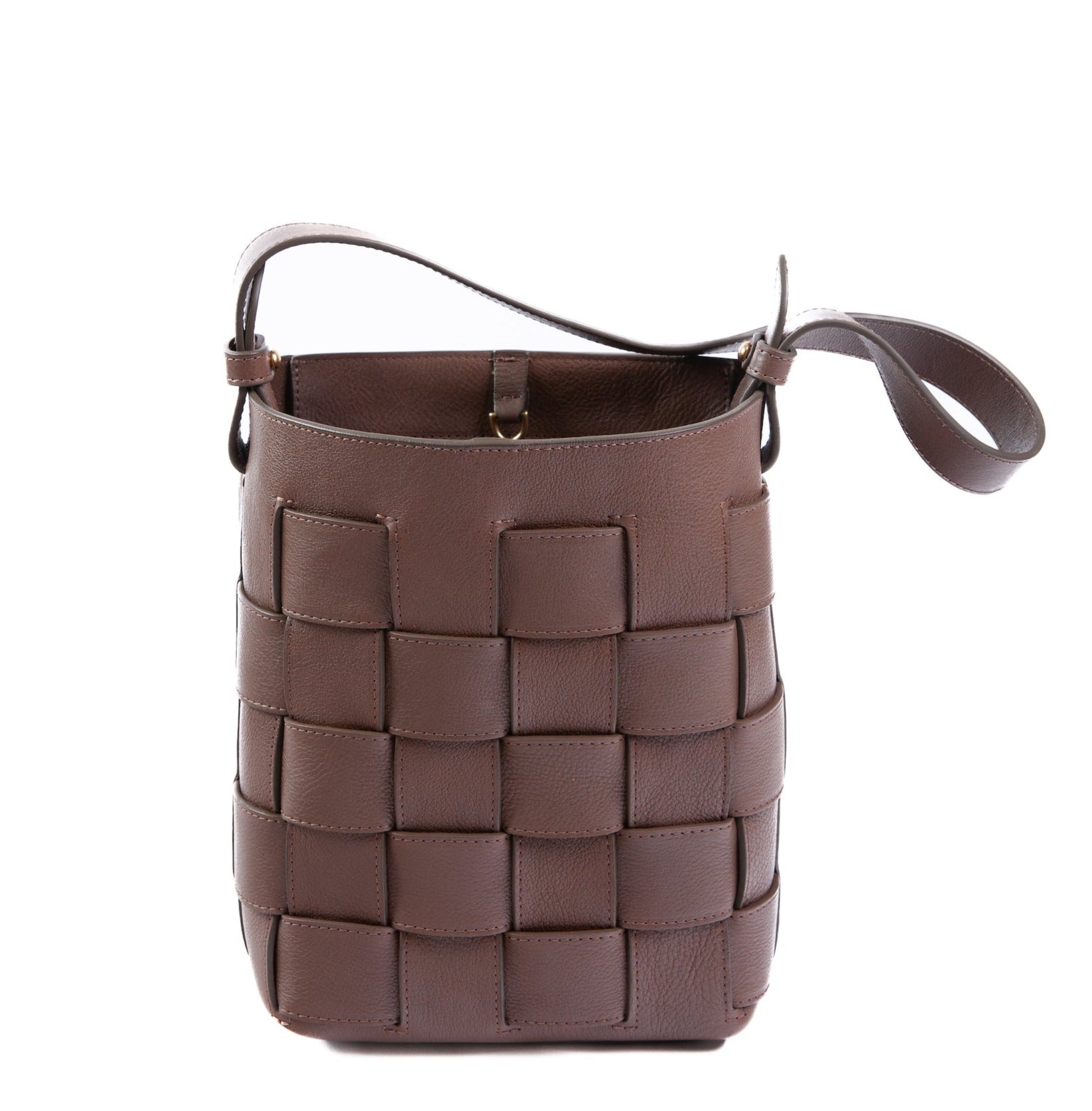 Mini Woven Leather Bucket Shoulder Bag Clay