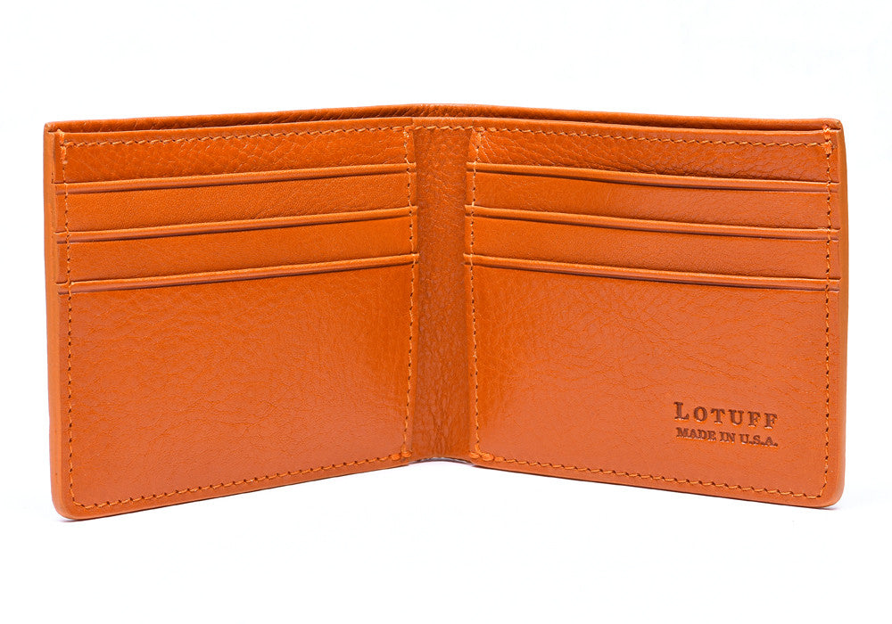 Open Front View of Leather Bifold Wallet Orange