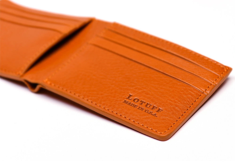 Close Side View of Leather Bifold Wallet Orange