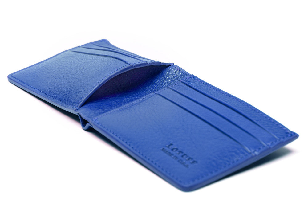 Open Side View of Leather Bifold Wallet Electric Blue