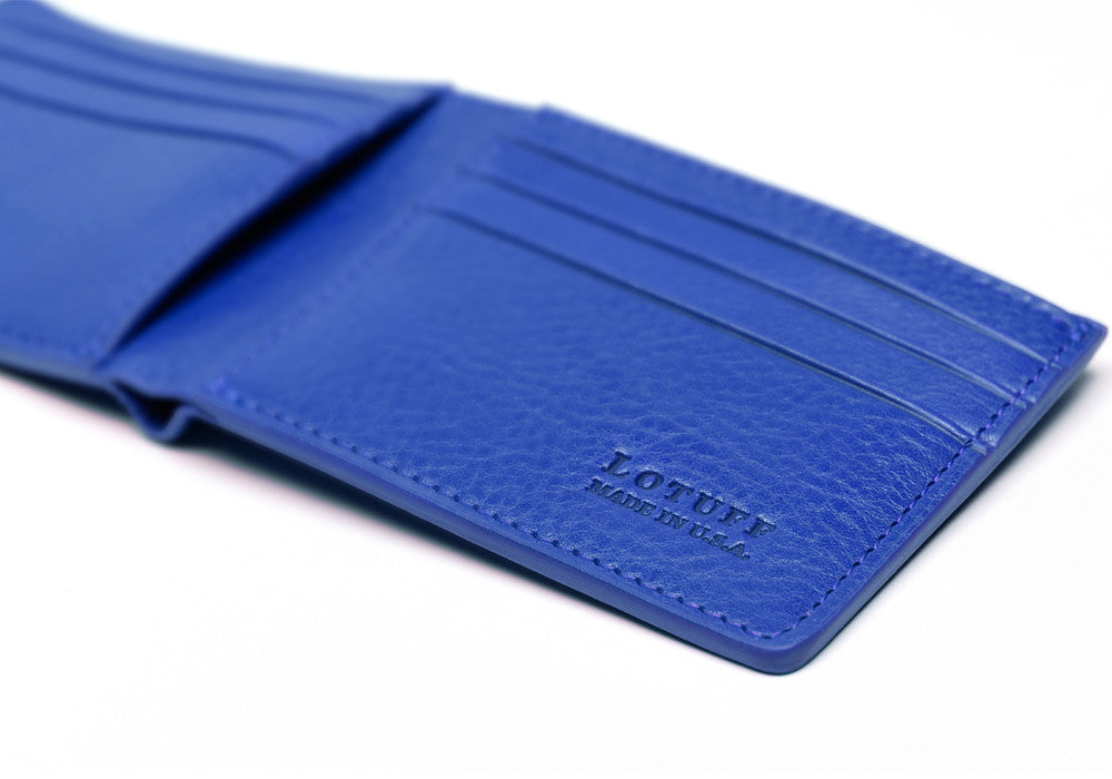 Close Side View of Leather Bifold Wallet Electric Blue