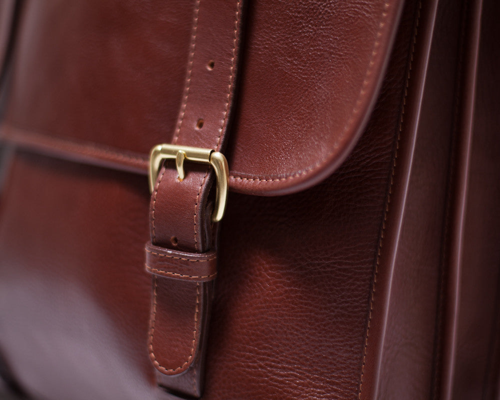 Leather Buckle View of Leather Backpack Chestnut