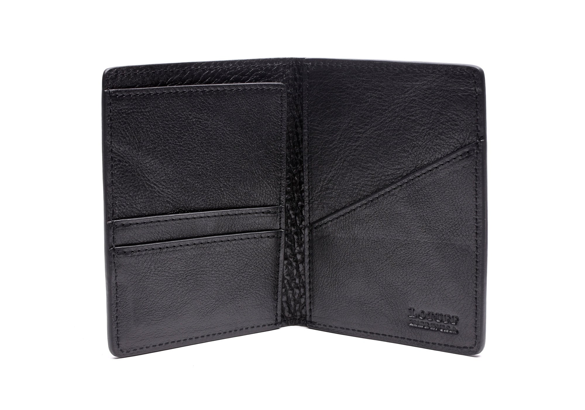 Open Front View of Leather Passport Wallet Black