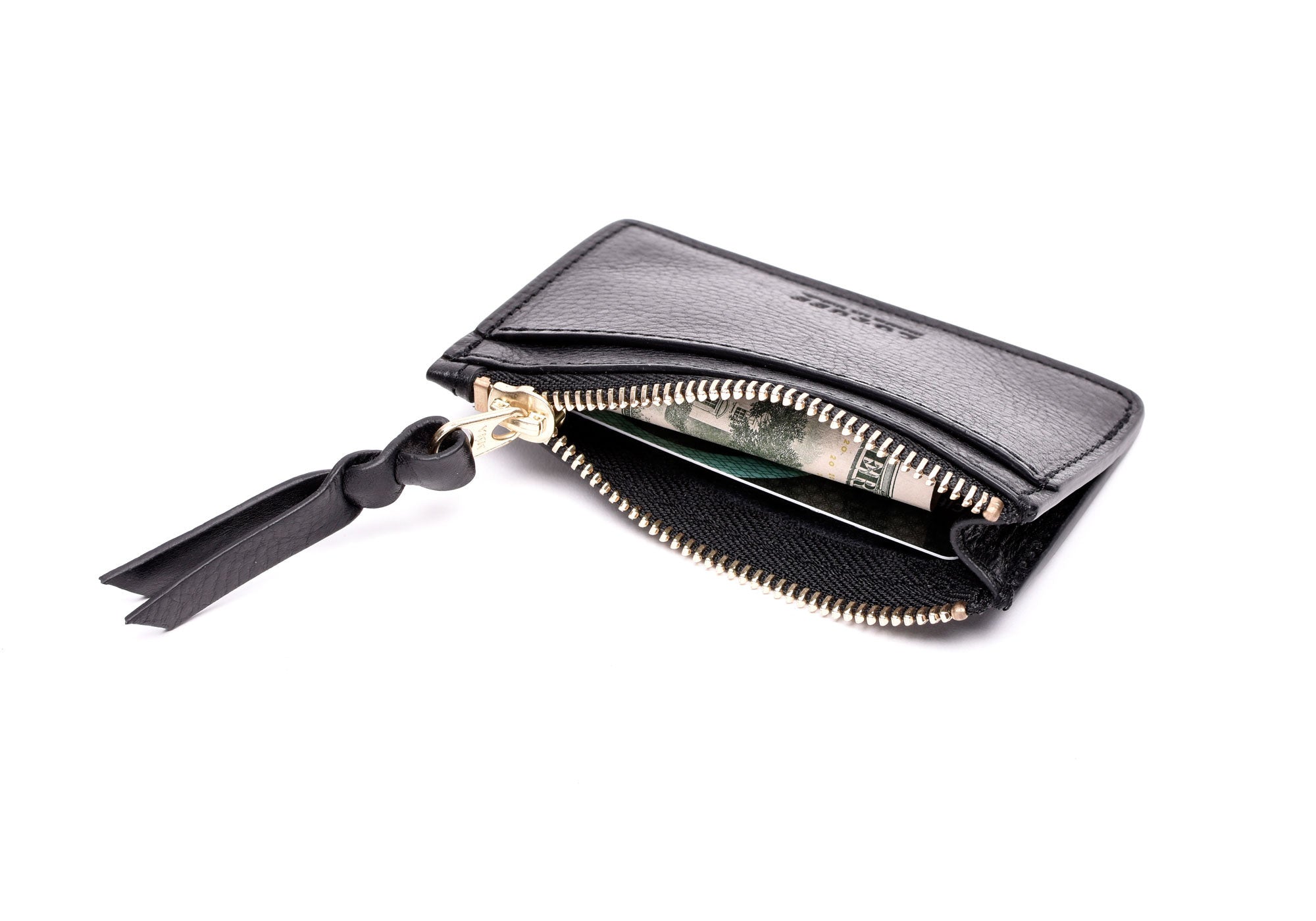 Side View Full Open of Zipper Credit Card Wallet Black