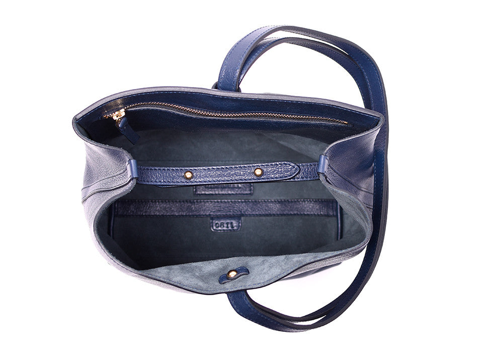 Inner Leather View of The Sling Backpack Indigo