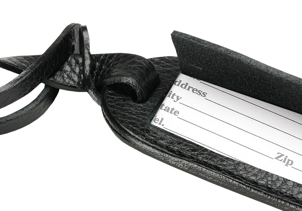 Close Open Side View of Leather Luggage ID Tag Black