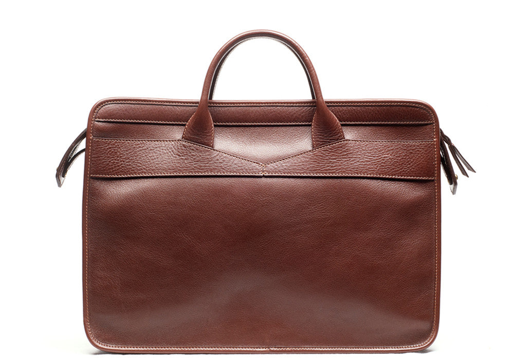 Leather Slim Zipper Briefcase Chestnut|Front Leather View