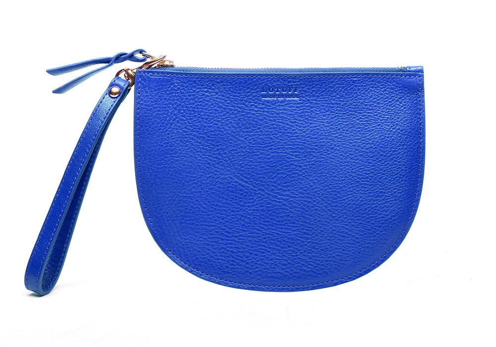 Front Leather View of Round Pouch Electric Blue