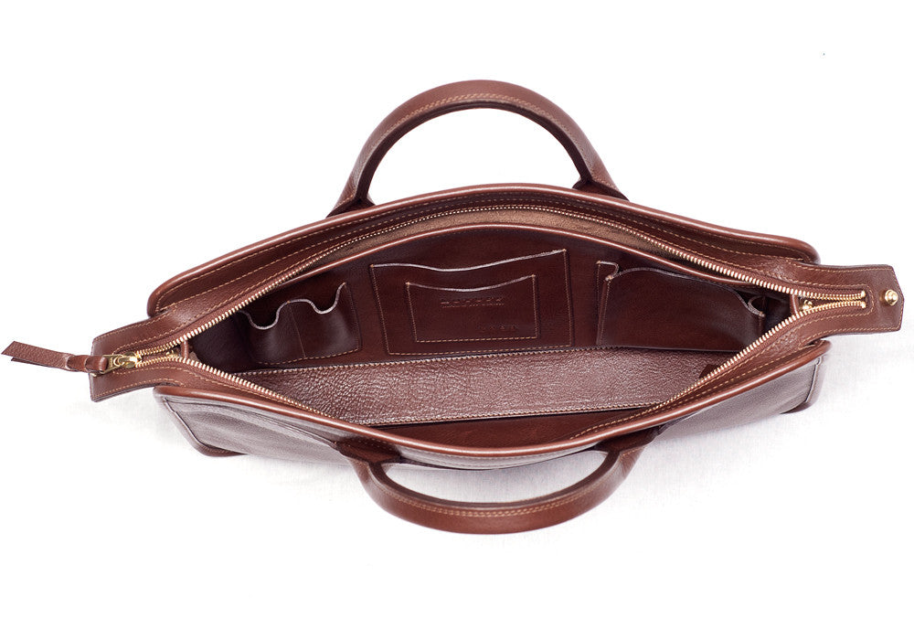 Inner Leather View of Leather Slim Zipper Briefcase Chestnut