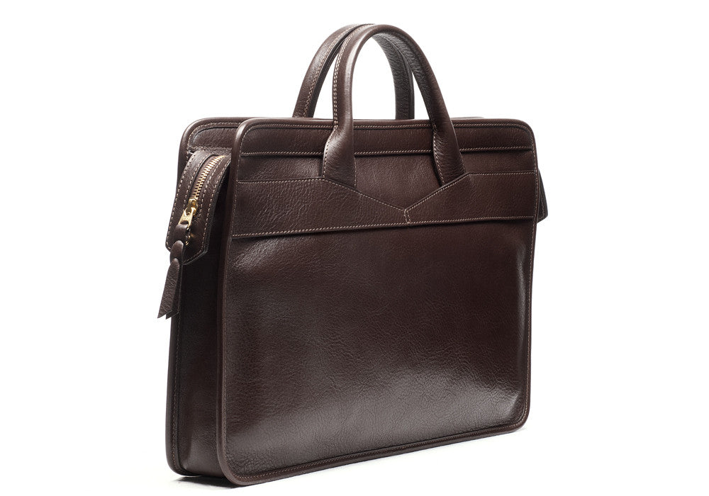 Front View of Leather Slim Zipper Briefcase Chocolate