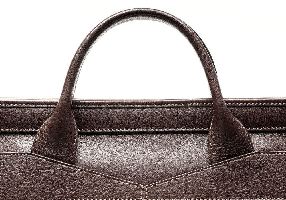 Leather Handle View of Leather Slim Zipper Briefcase Chocolate
