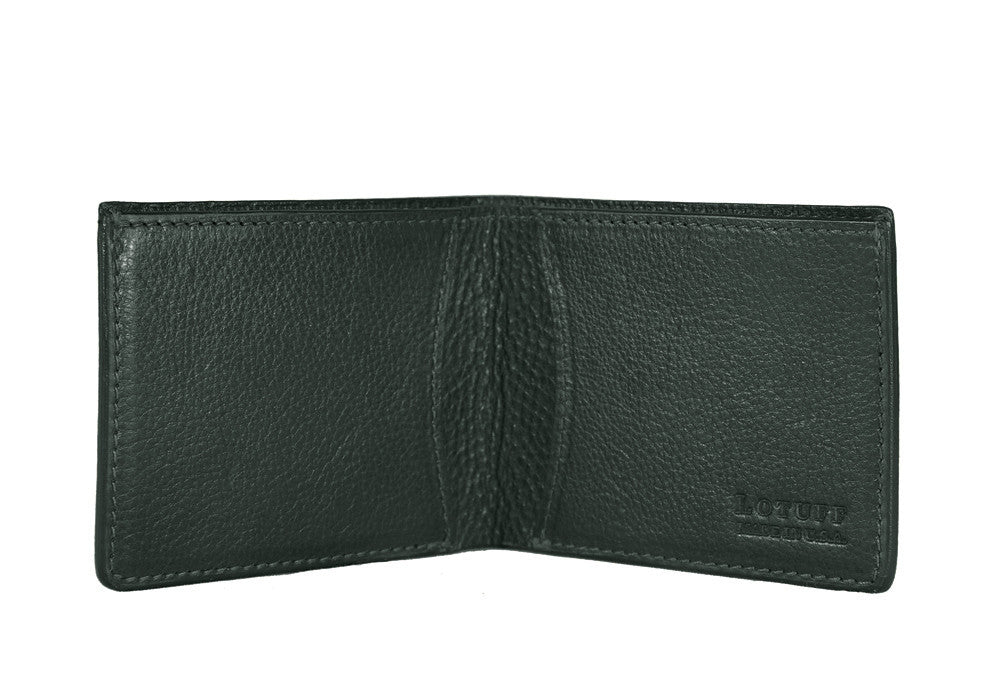 Front View Open of Two-Pocket Leather Bifold Wallet Green