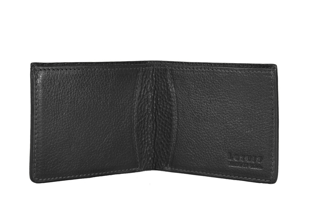 Front View Open of Two-Pocket Leather Bifold Wallet Black