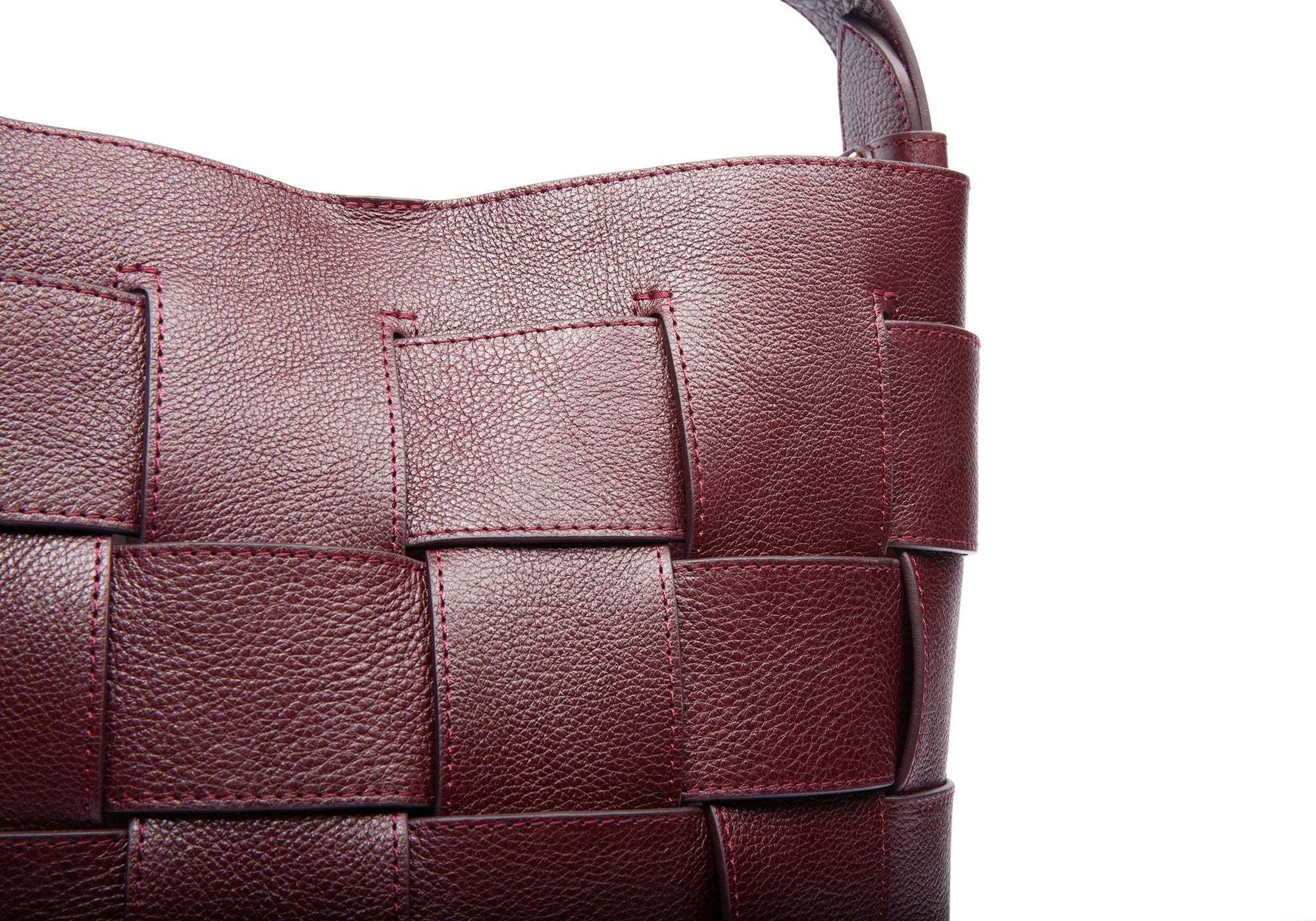 Woven Leather Bucket Shoulder Bag Cordovan