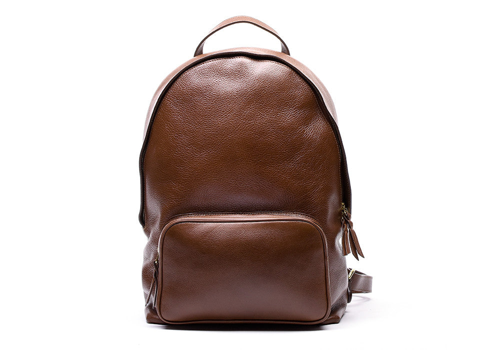 Front Leather View of Leather Zipper Backpack Chestnut