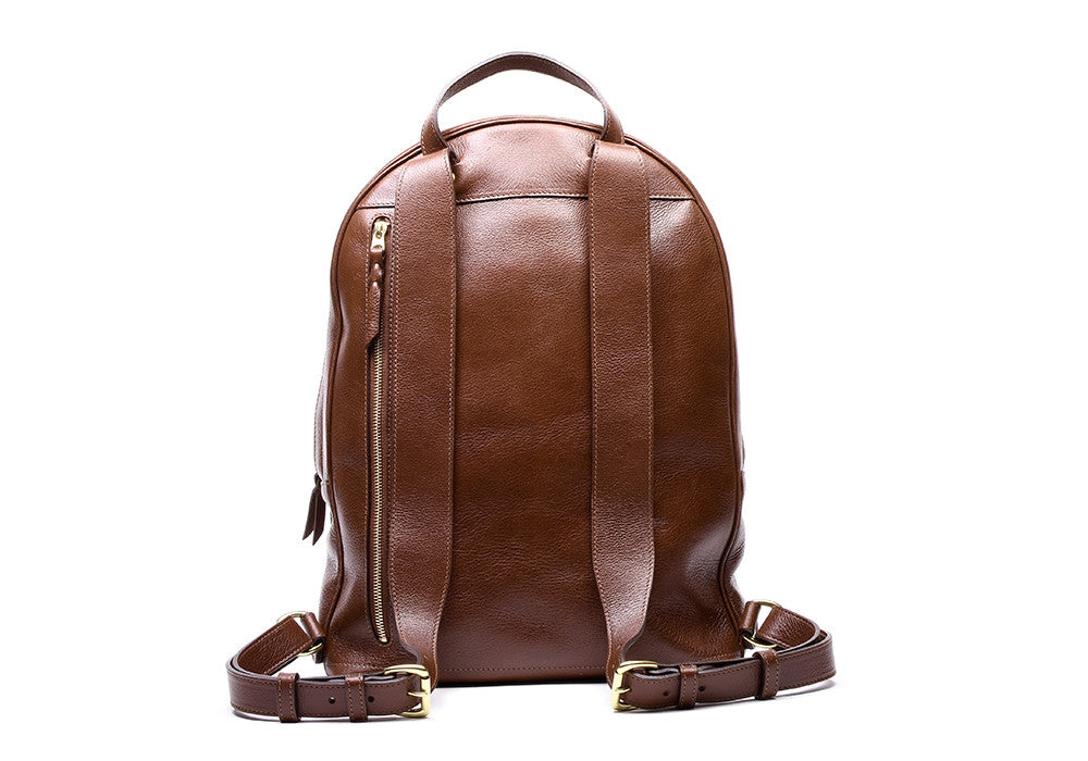 Back Leather Strap View of Leather Zipper Backpack Chestnut