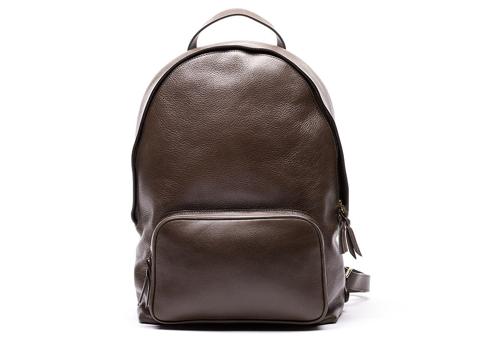 Front Leather View of Leather Zipper Backpack Chocolate