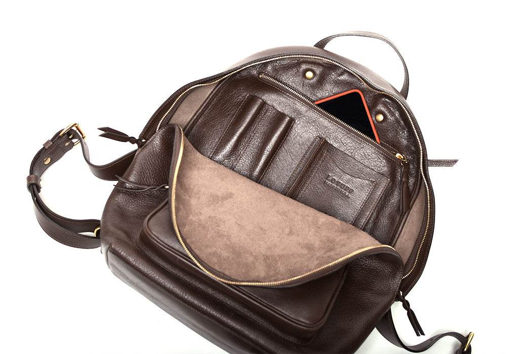 Inner Leather View of Leather Zipper Backpack Chocolate