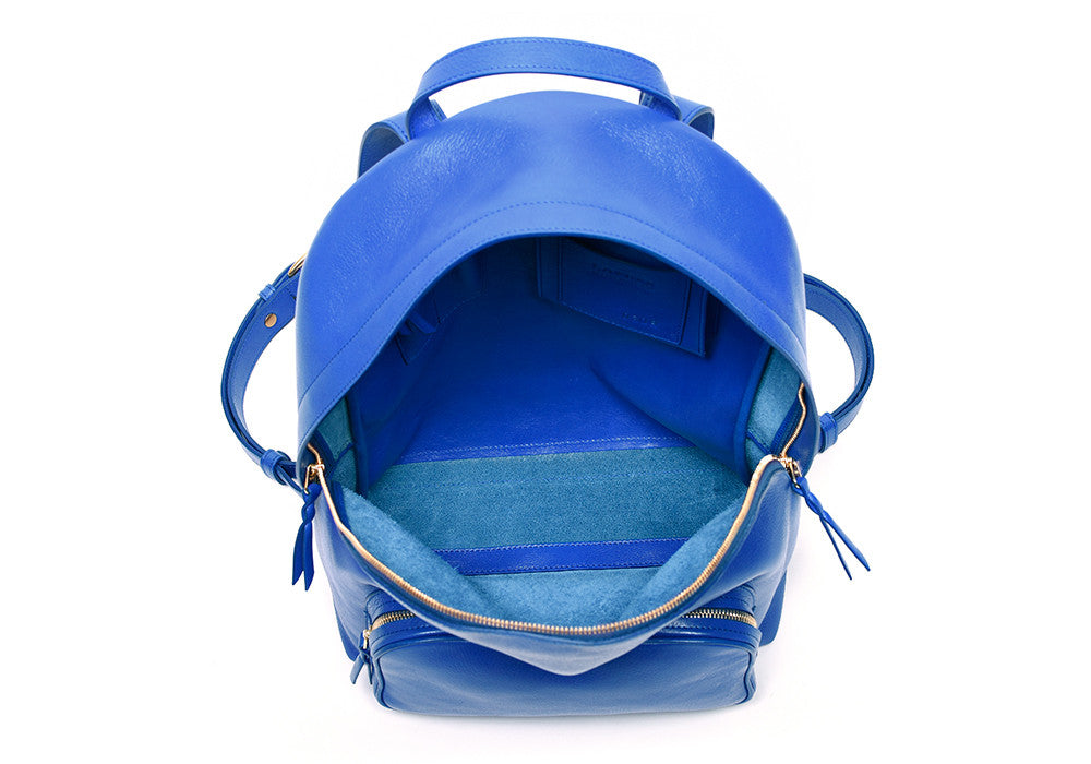 Inner Leather View of Leather Zipper Backpack Electric Blue