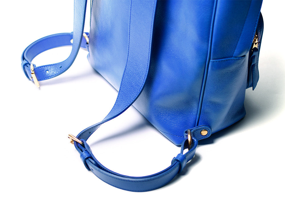 Close Up Leather Straps of Leather Zipper Backpack Electric Blue