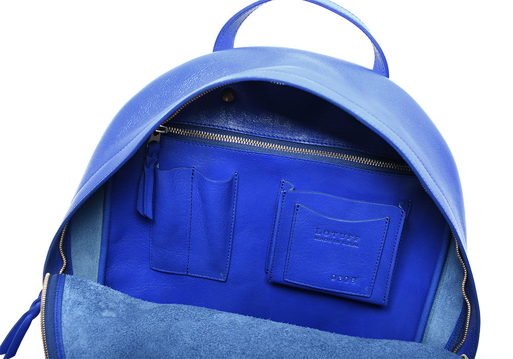 Inner Leather View of Leather Zipper Backpack Electric Blue
