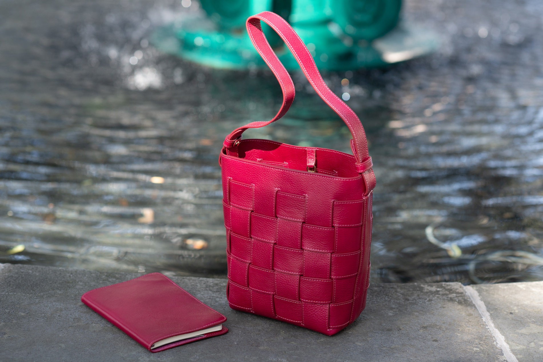 Mini Woven Leather Bucket Shoulder Bag Raspberry