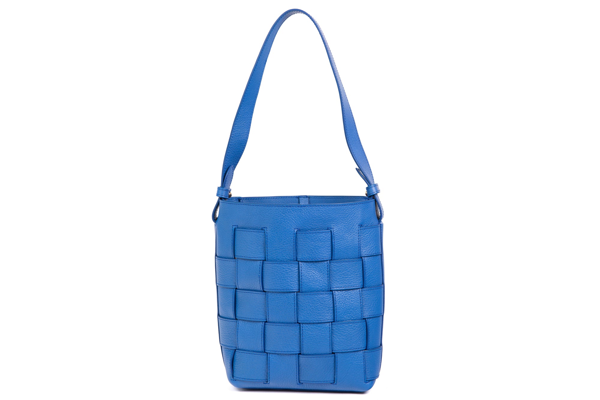 Mini Woven Leather Bucket Shoulder Bag Electric Blue