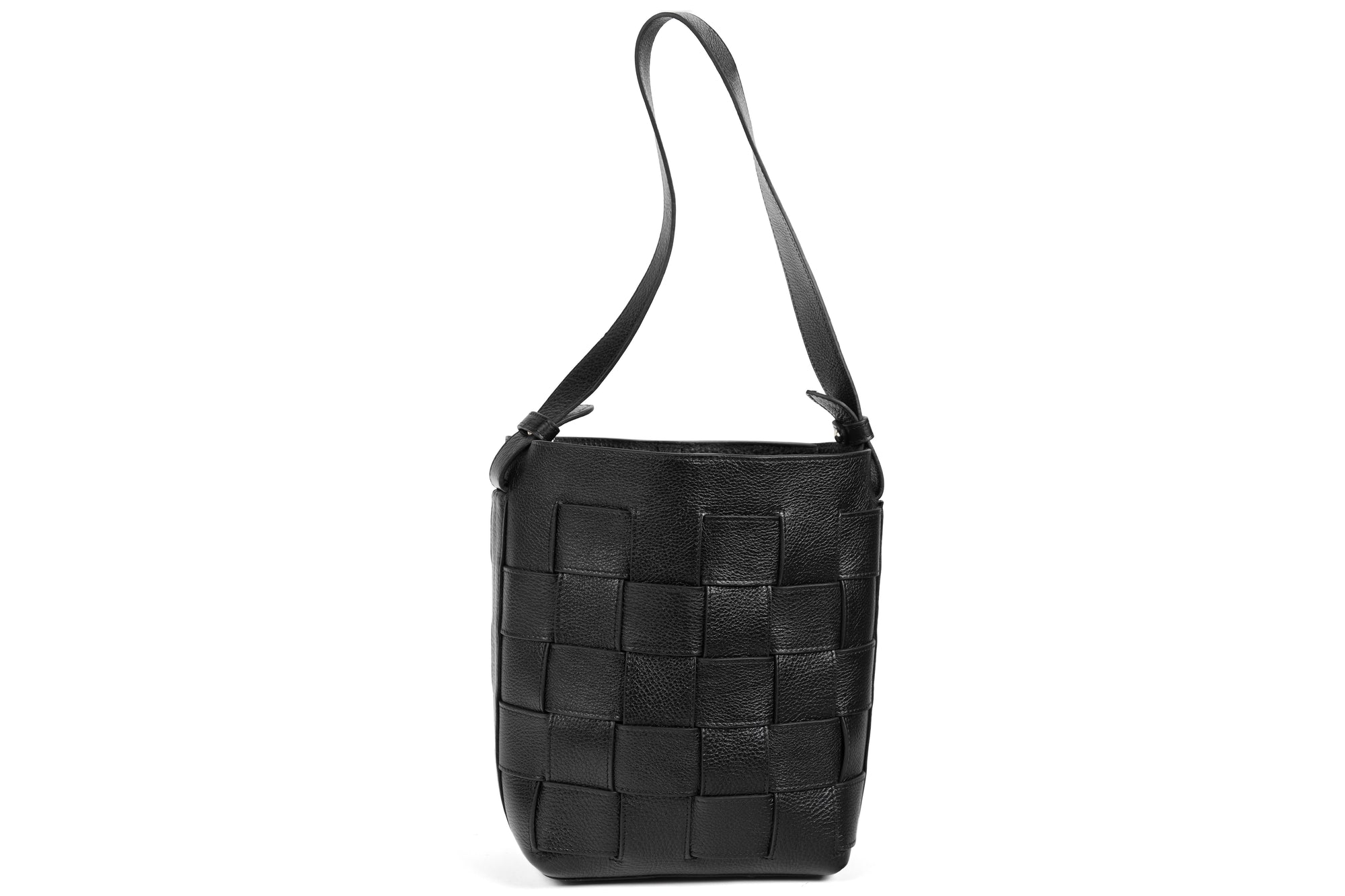 Mini Woven Leather Bucket Shoulder Bag Black