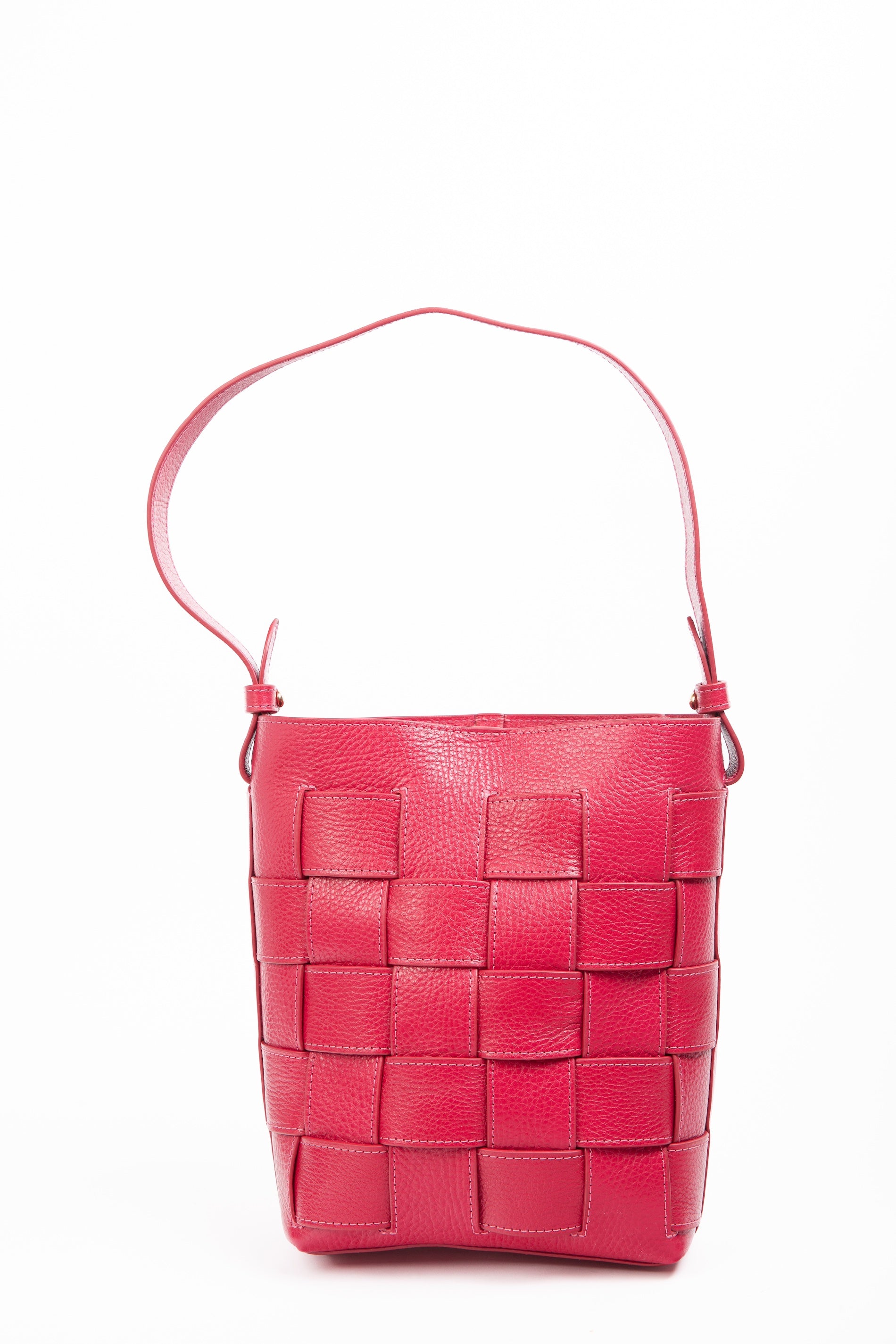Mini Woven Leather Bucket Shoulder Bag Raspberry