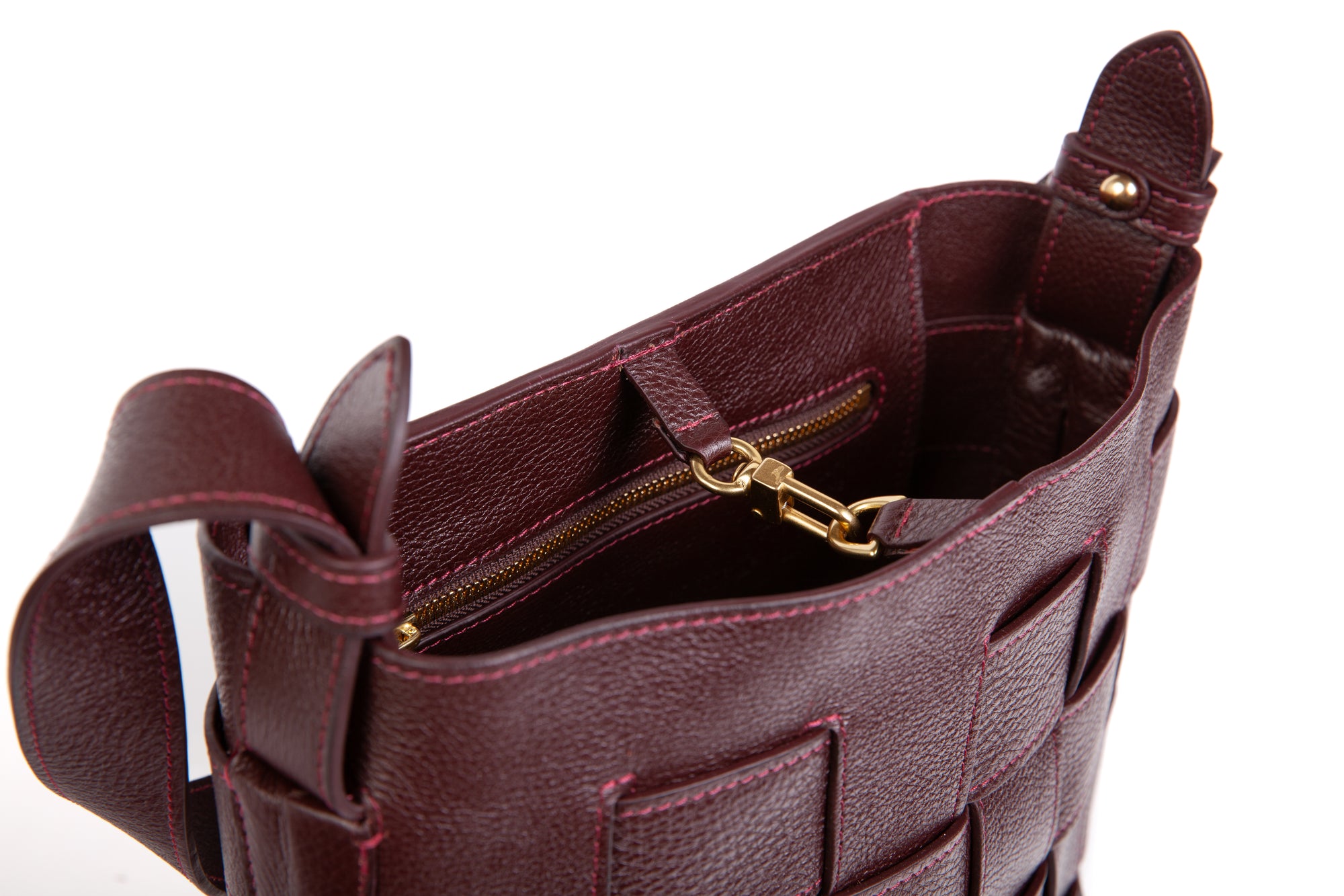Mini Woven Leather Bucket Shoulder Bag Cordovan
