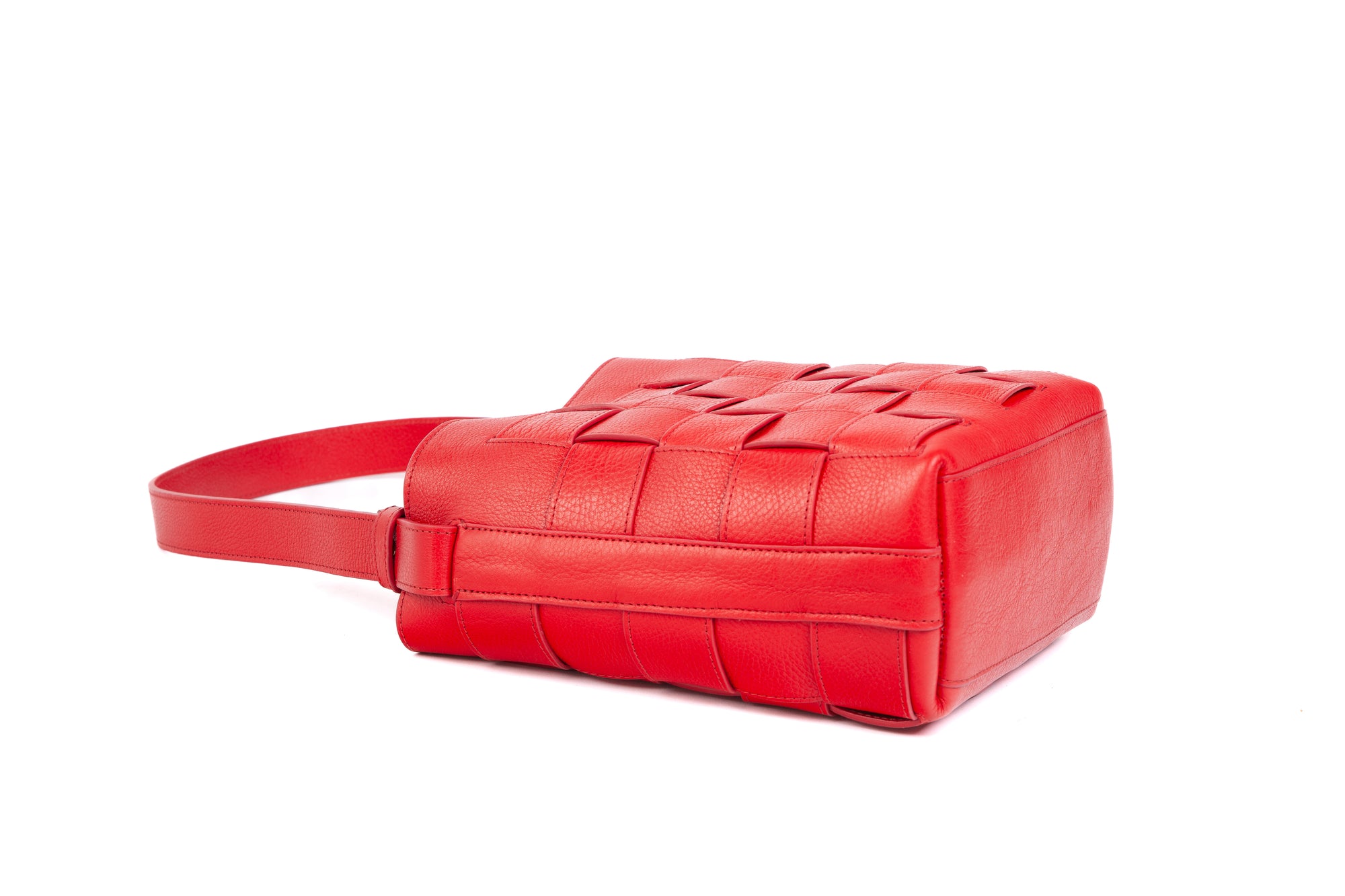 Mini Woven Leather Bucket Shoulder Bag Pop Red