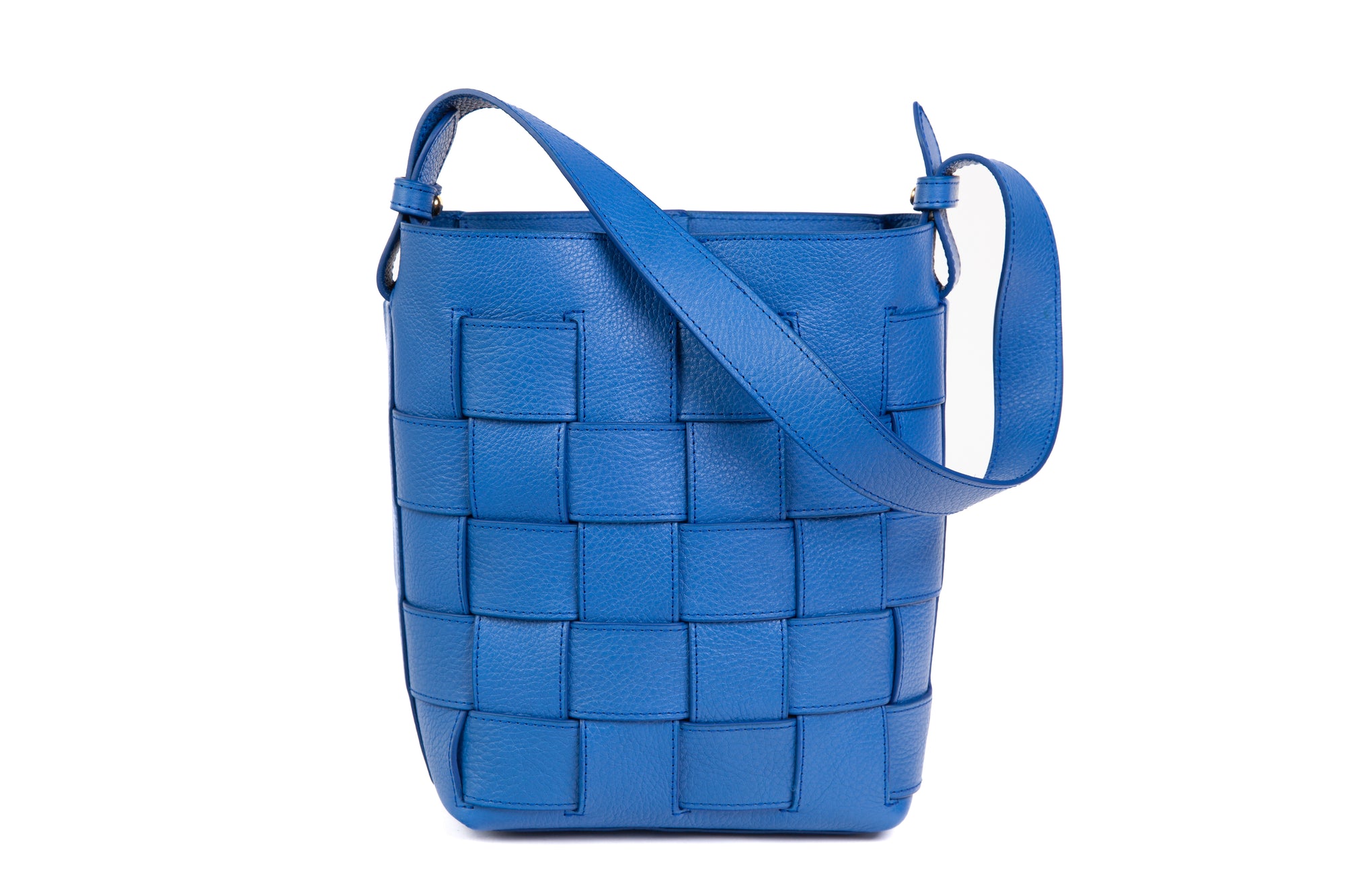 Mini Woven Leather Bucket Shoulder Bag Electric Blue