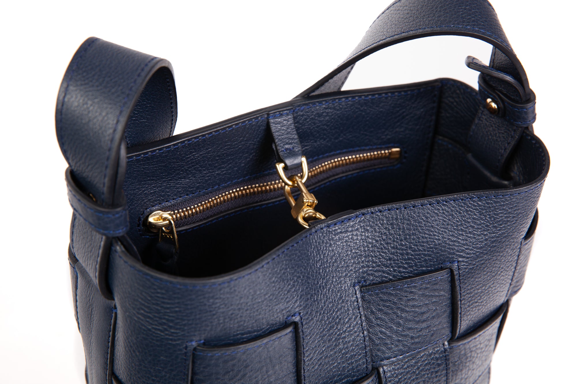 Mini Woven Leather Bucket Shoulder Bag Indigo