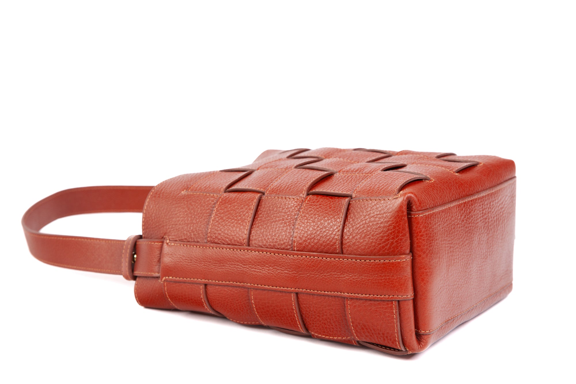 Mini Woven Leather Bucket Shoulder Bag Saddle Tan