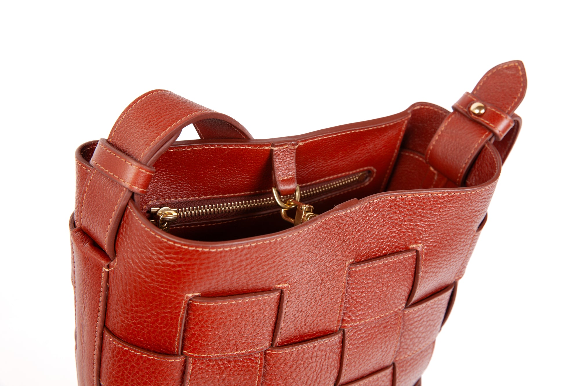 Mini Woven Leather Bucket Shoulder Bag Saddle Tan