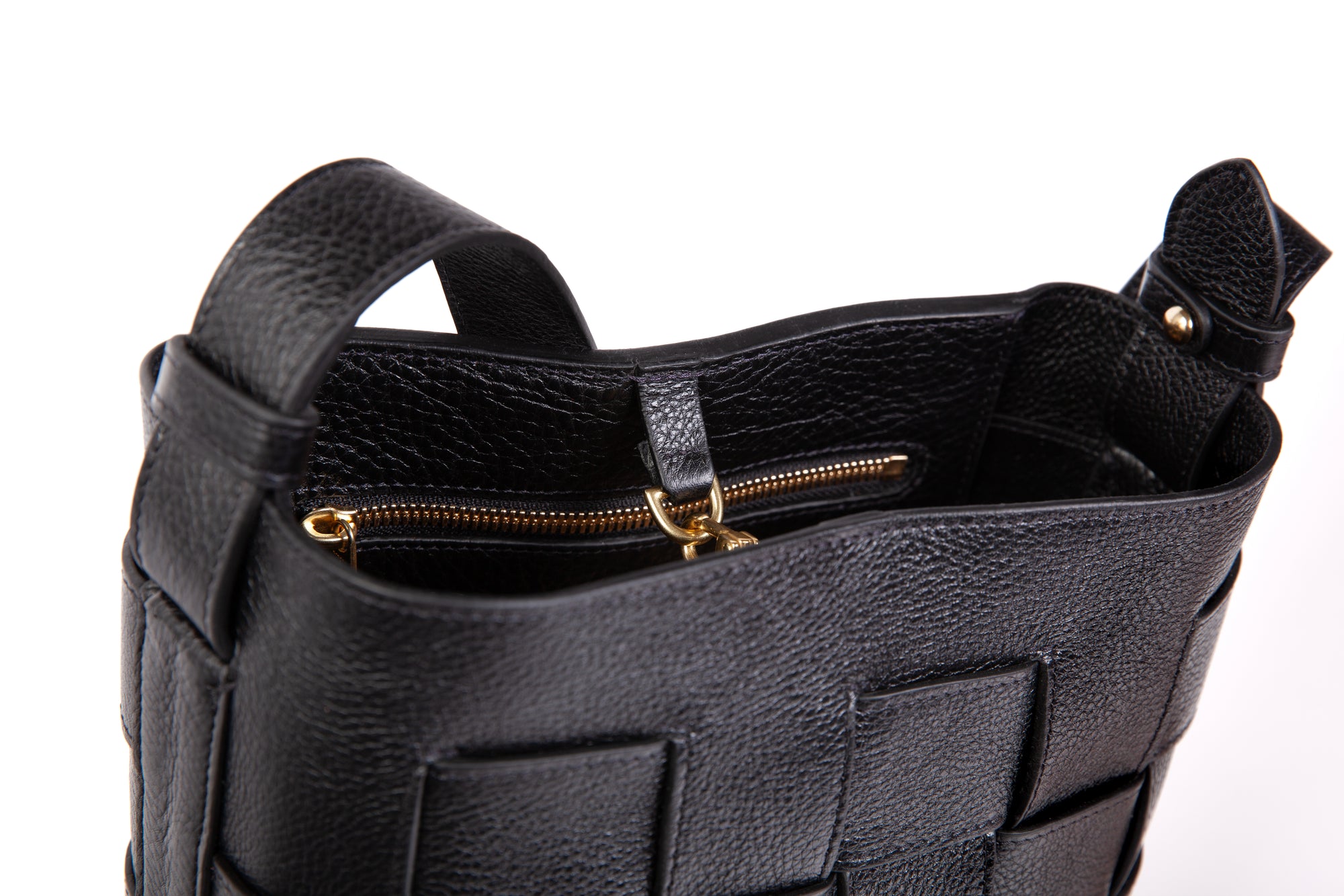 Mini Woven Leather Bucket Shoulder Bag Black