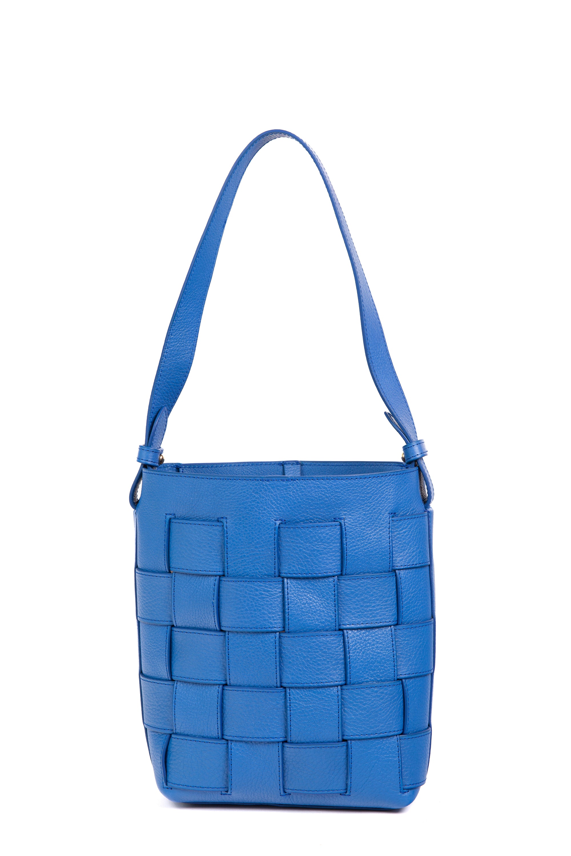 Mini Woven Leather Bucket Shoulder Bag Electric Blue