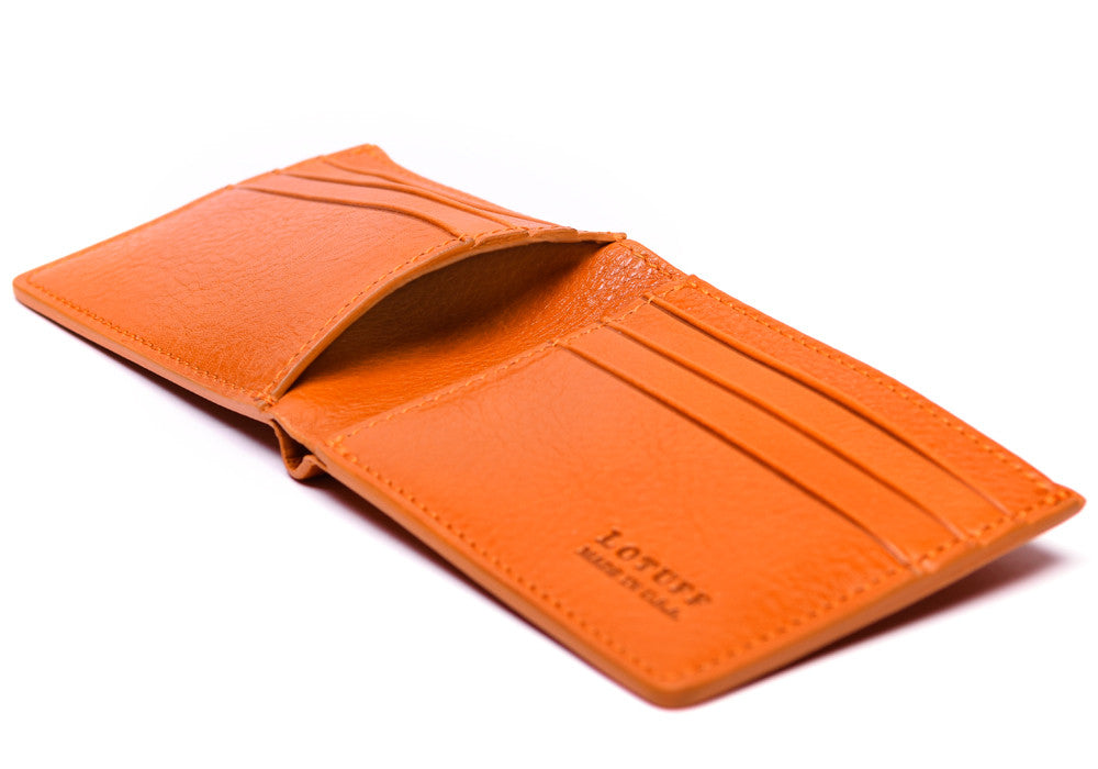 Open Side View of Leather Bifold Wallet Orange
