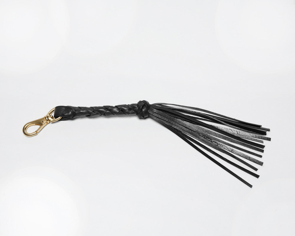 Leather Front View of Braided Tassel Key Fob Black