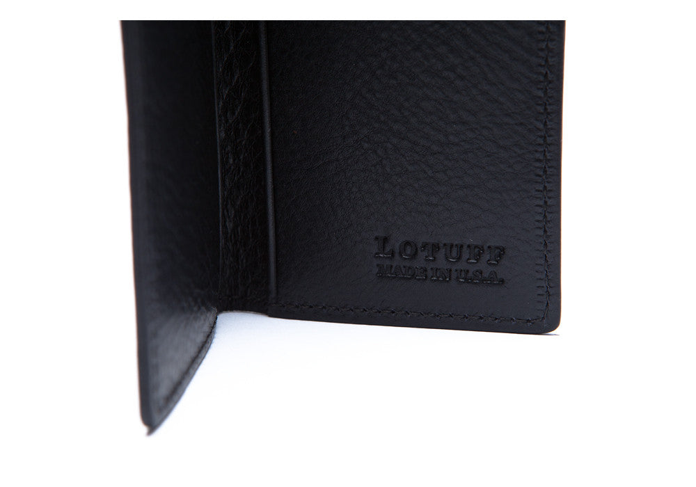 Inside Logo View of Leather Folding Card Wallet Navy