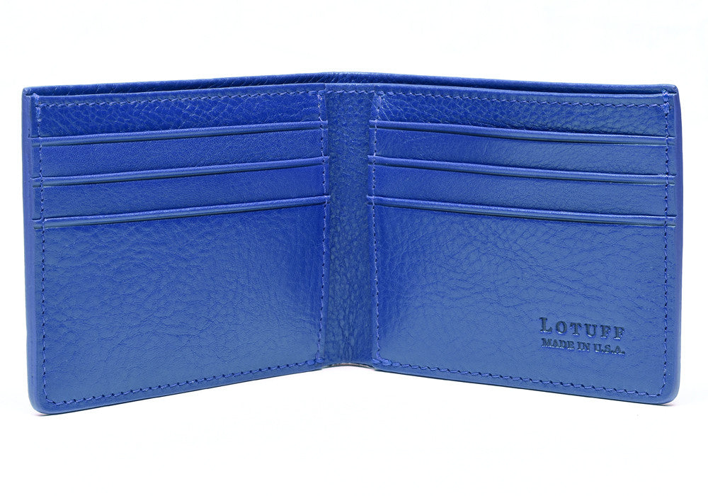 Open Front View of Leather Bifold Wallet Electric Blue