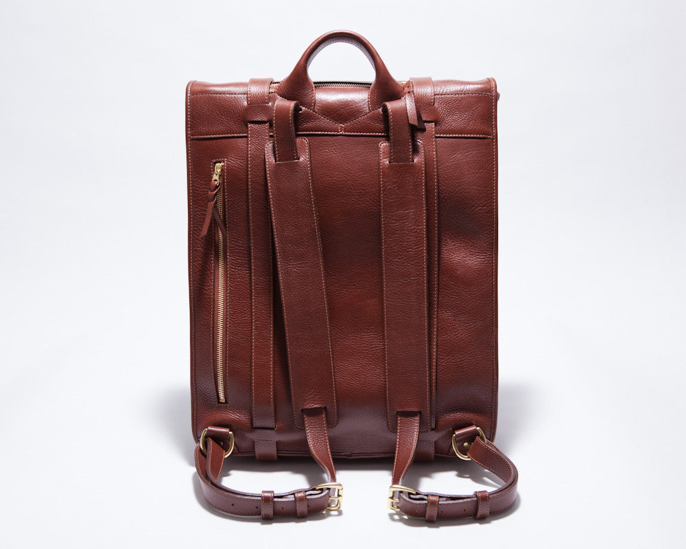 Back Leather Strap View of Leather Backpack Chestnut
