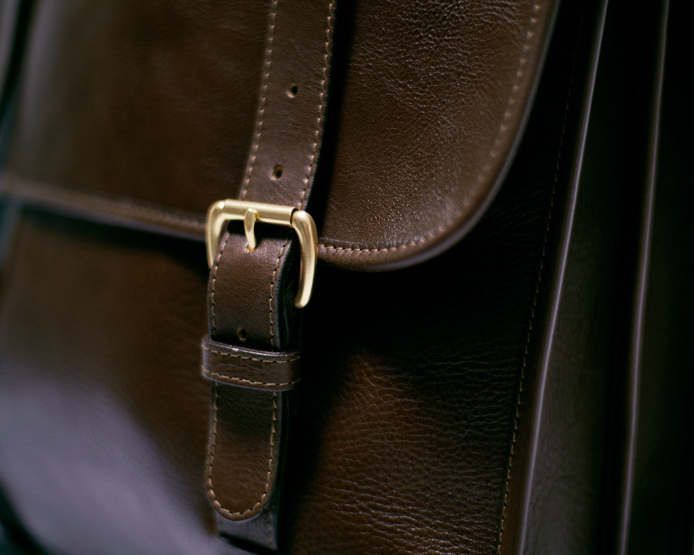 Front Buckle View of Leather Backpack Chocolate
