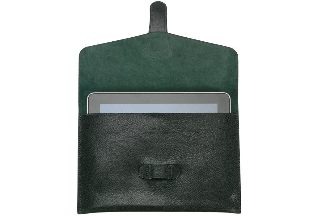Front Open View of Leather iPad Case Green