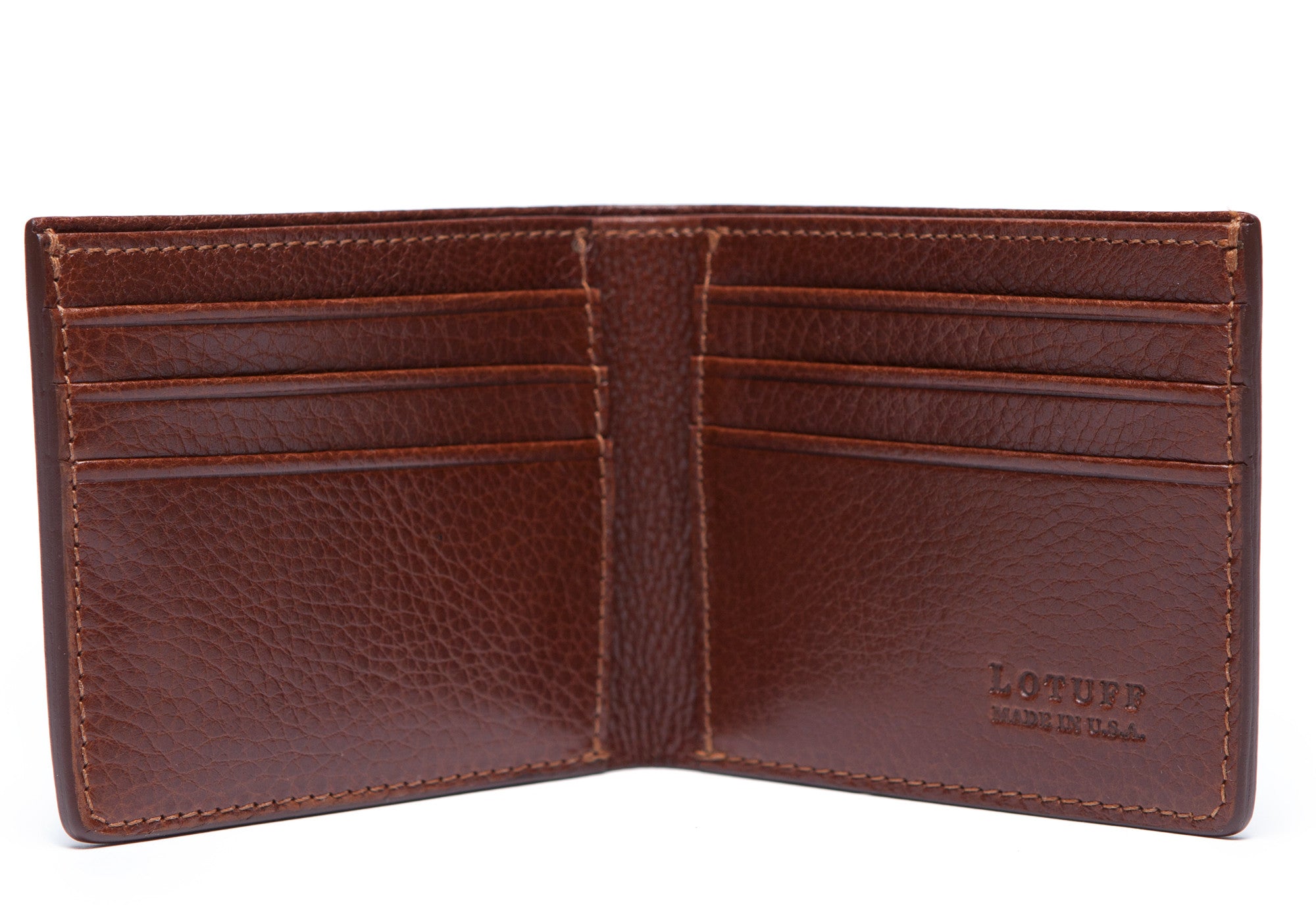 Front View Open of Leather Bifold Wallet Chestnut