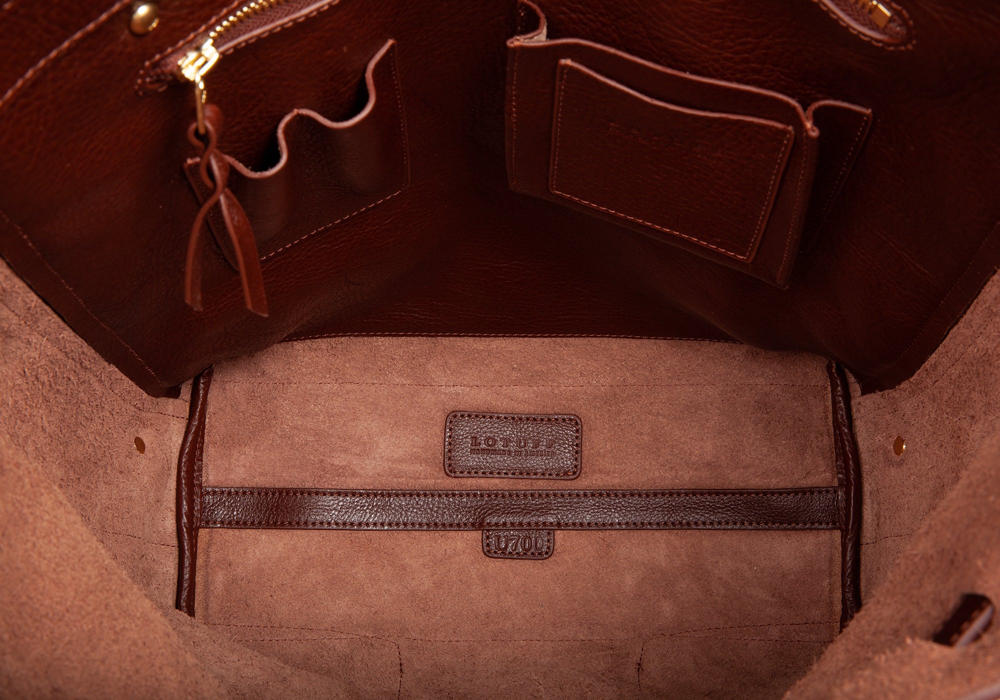 Inner Leather Space View of Leather Knapsack Chestnut