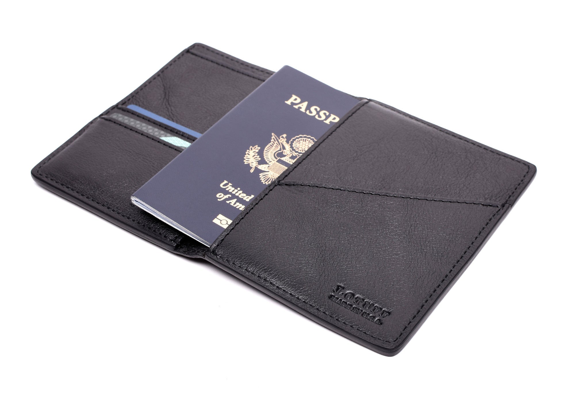 Open Side View of Leather Passport Wallet Black