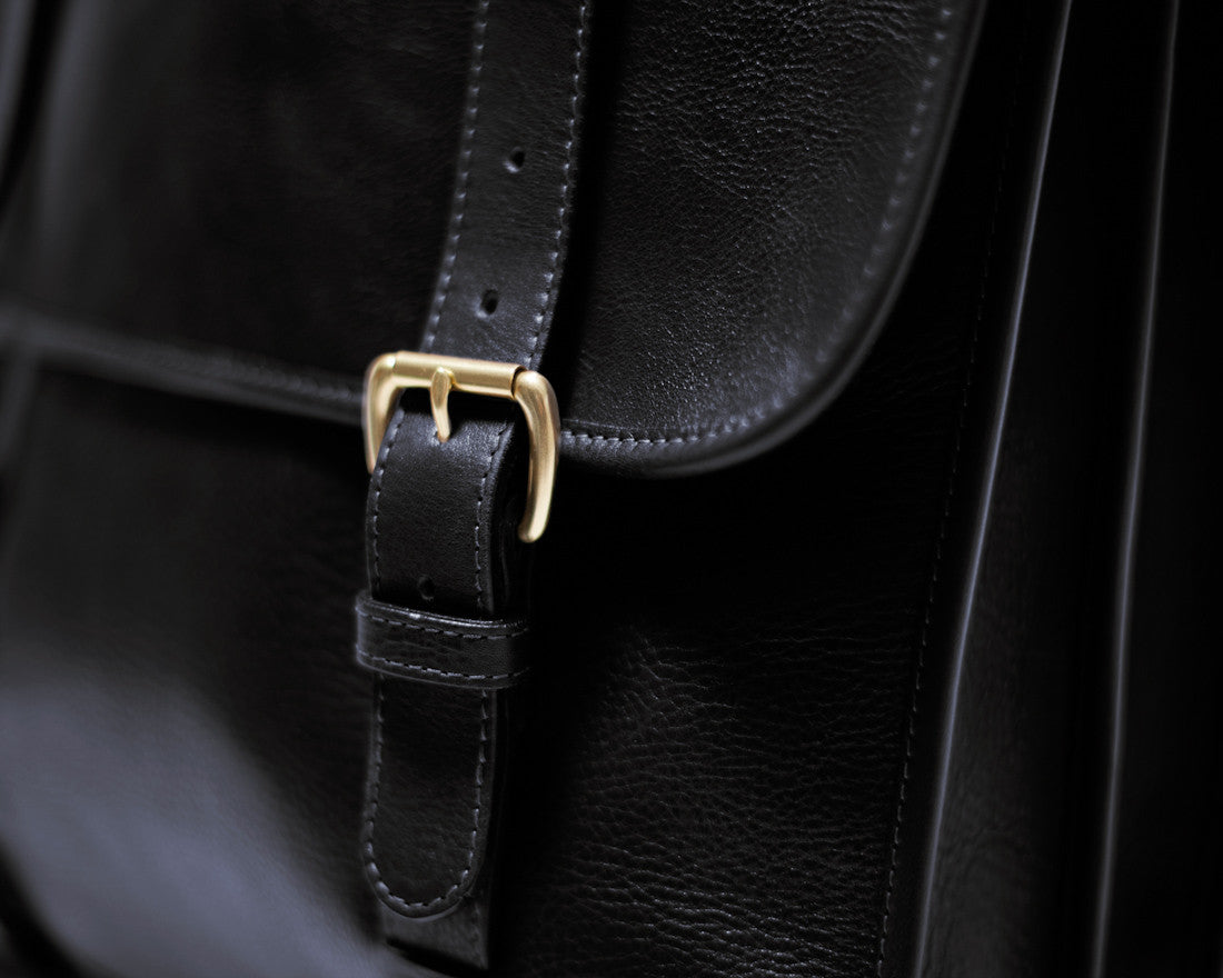 Front Leather Strap of Leather Backpack Black