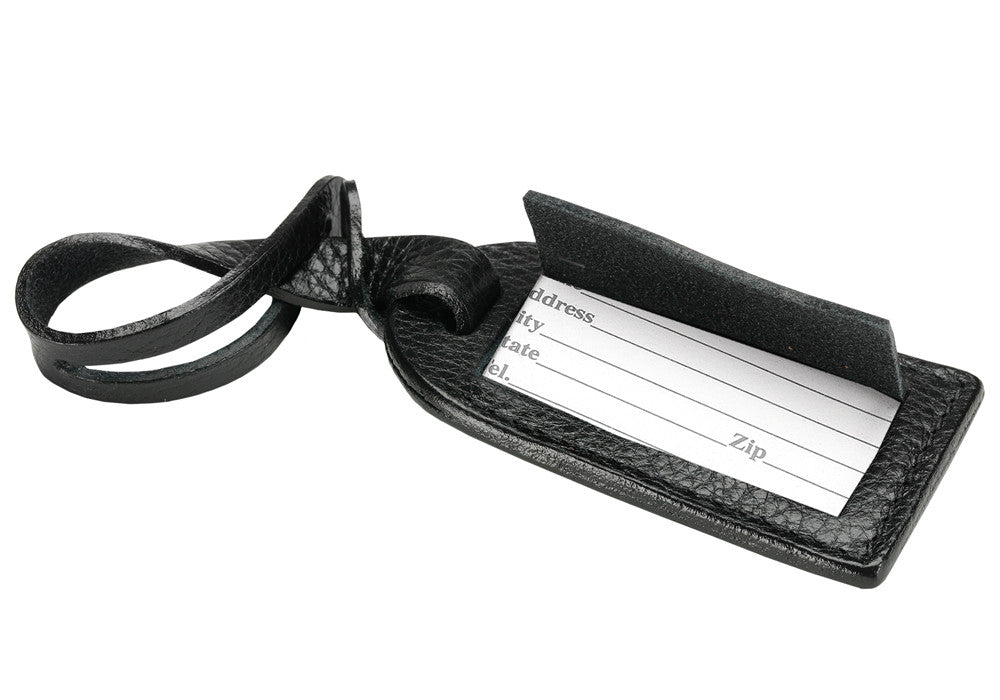 Front Open View of Leather Luggage ID Tag Black