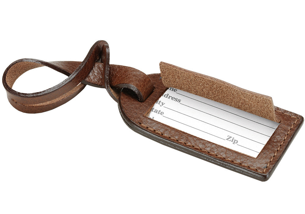 Front Open Leather View of Leather Luggage ID Tag Chestnut